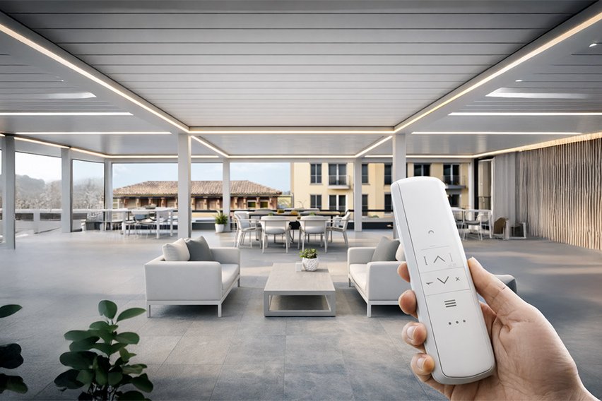 Uzaktan kumandalı bioclimatic pergola dış mekân uygulaması